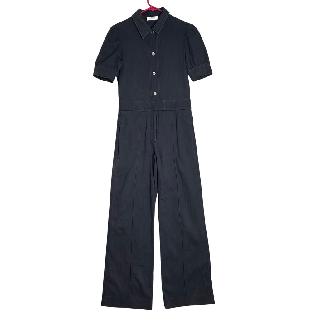 Lacoste Womens Navy Blue Short Sleeve Wide Leg Button Front Jumpsuit Size 36